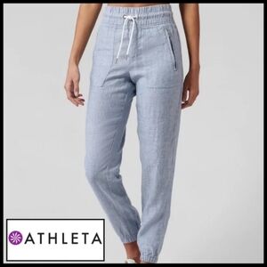 Athleta Chambray Blue Cabo 100% Linen Jogger Tie Waist Front Zip, Size 8